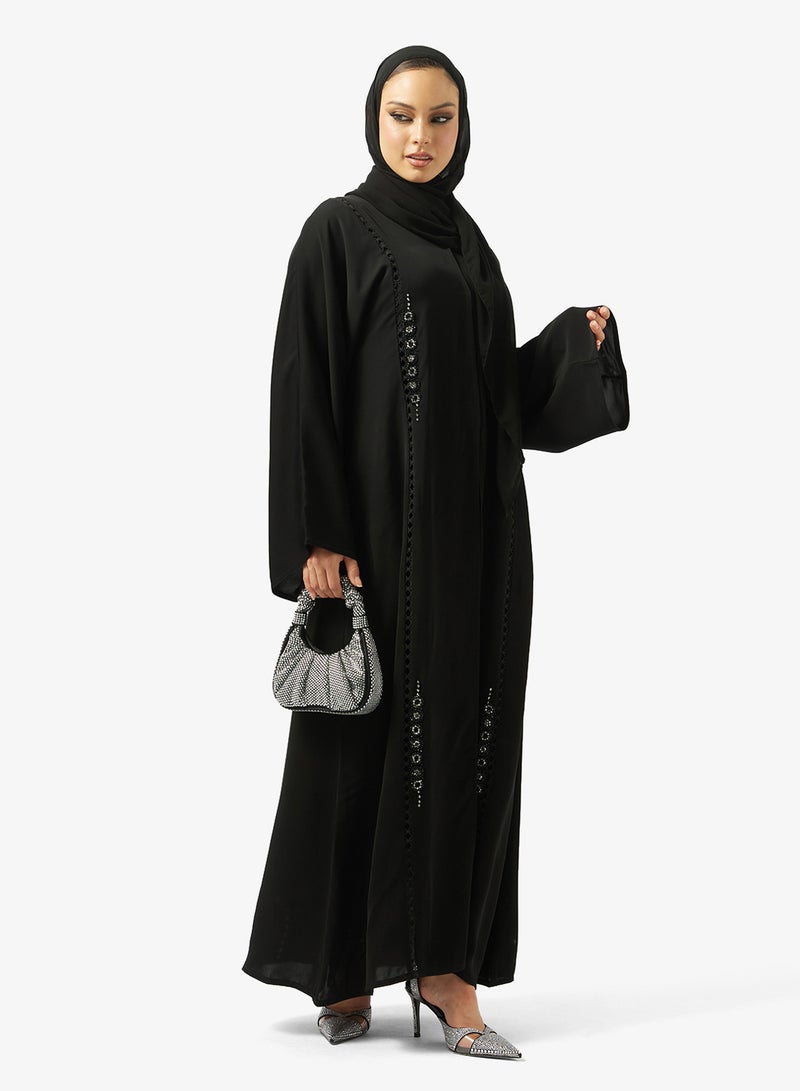hayas closet Black Lace Detail Abaya With Sheila - Image 5